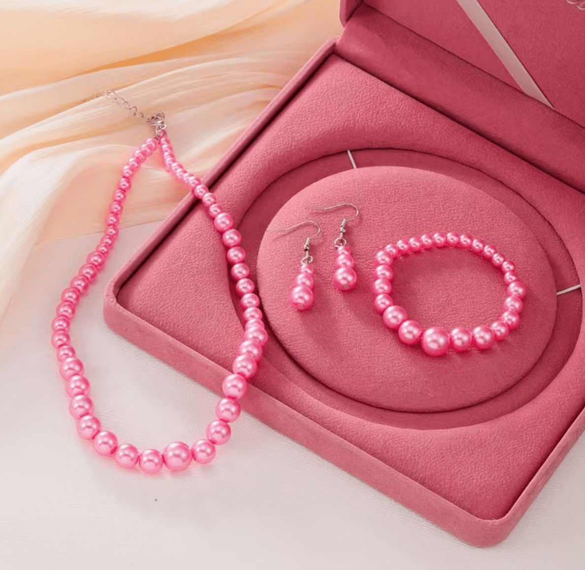 Halsband-Armband-Örhänge Rosa Pärlor - S.O.S